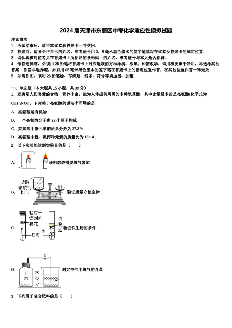 2024届天津市东丽区中考化学适应性模拟试题含解析.doc_第1页
