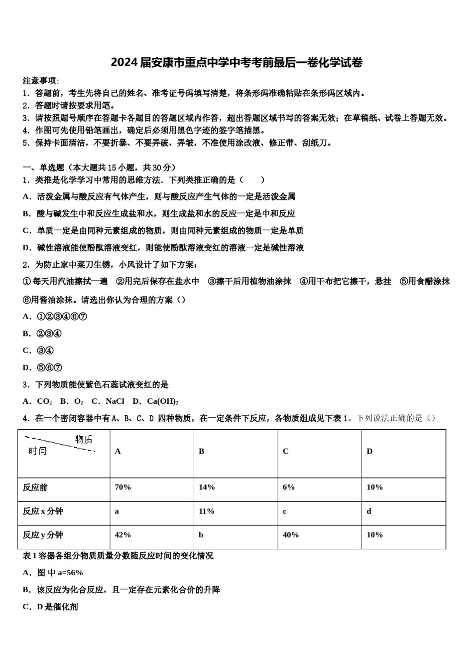 2024届安康市重点中学中考考前最后一卷化学试卷含解析.doc_第1页