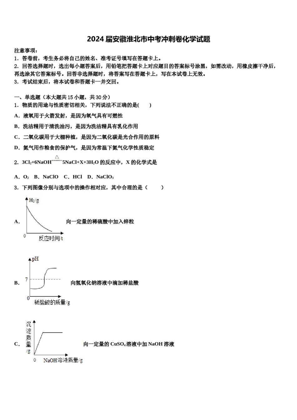 2024届安徽淮北市中考冲刺卷化学试题含解析.doc_第1页
