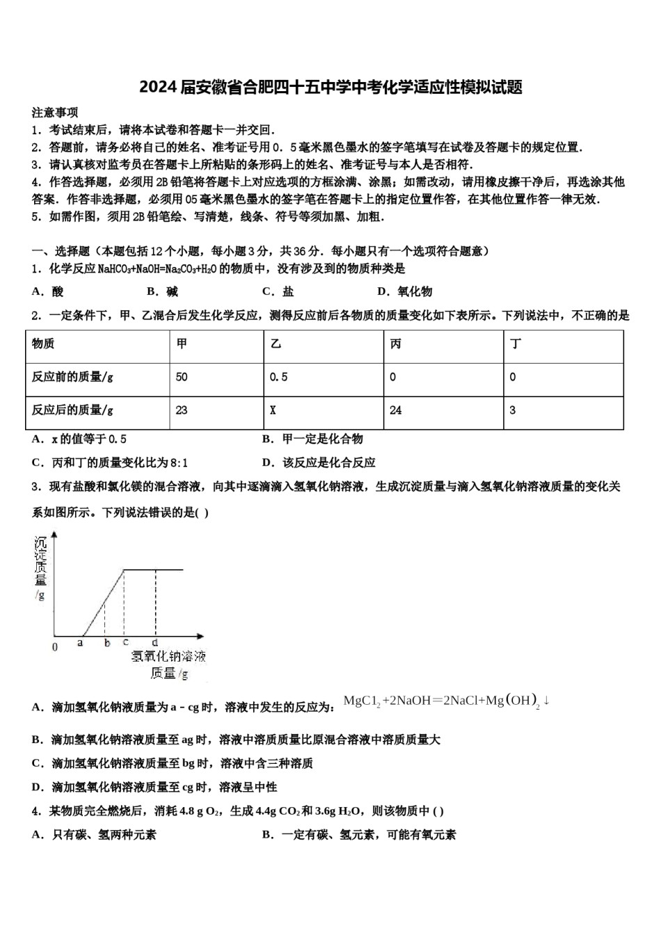 2024届安徽省合肥四十五中学中考化学适应性模拟试题含解析.doc_第1页