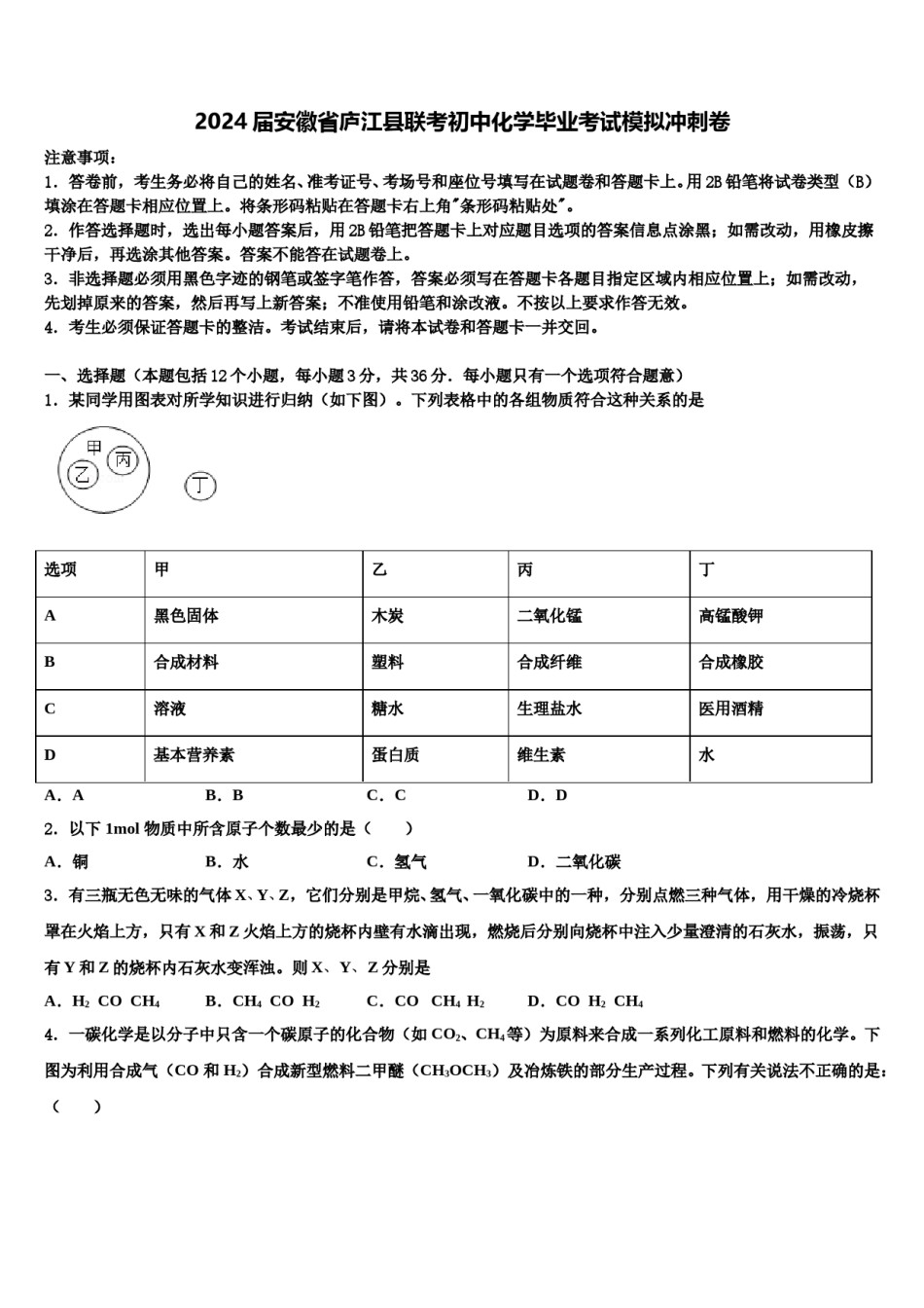 2024届安徽省庐江县联考初中化学毕业考试模拟冲刺卷含解析.doc_第1页