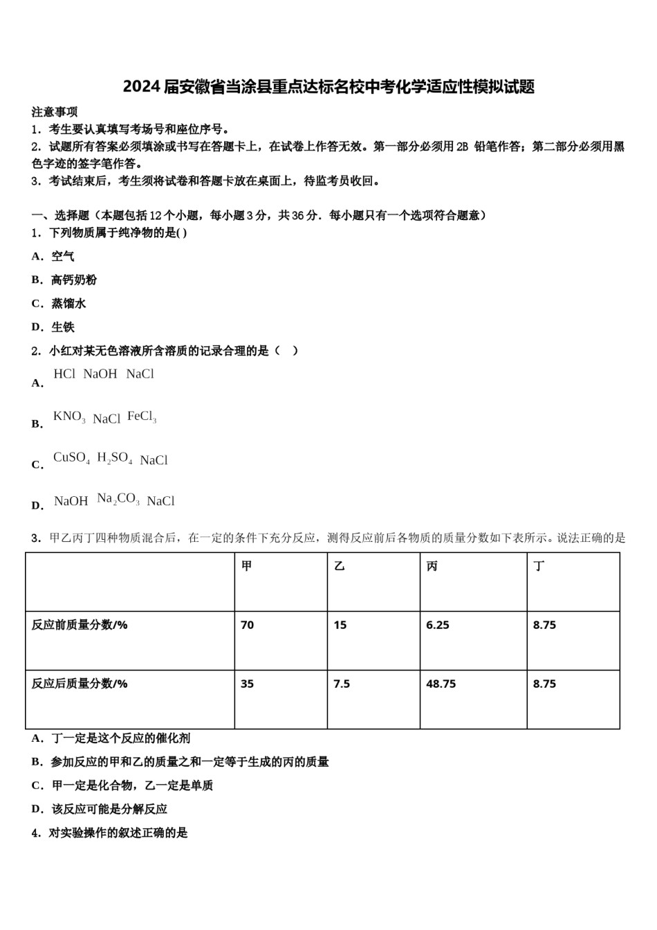 2024届安徽省当涂县重点达标名校中考化学适应性模拟试题含解析.doc_第1页