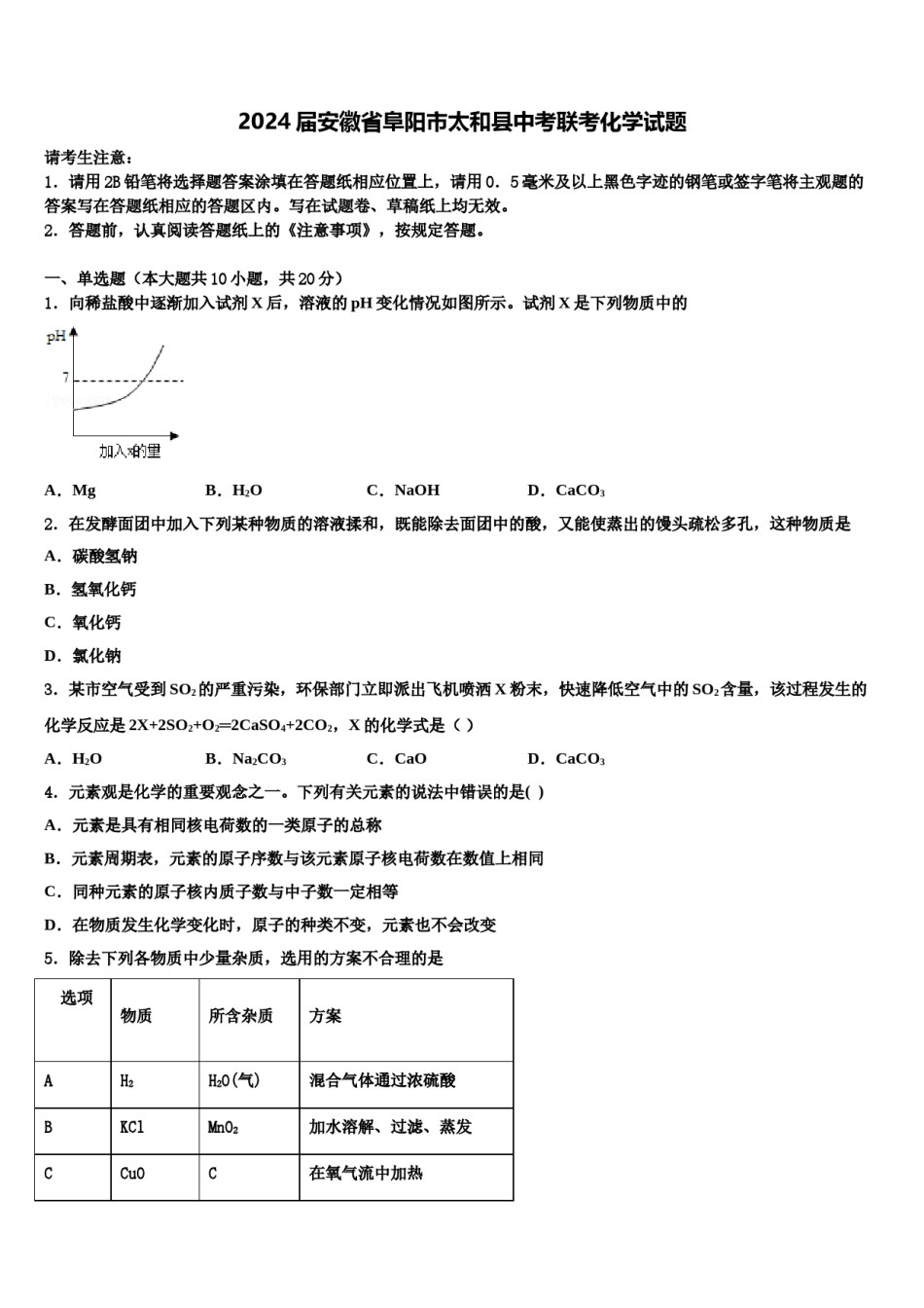2024届安徽省阜阳市太和县中考联考化学试题含解析.doc_第1页