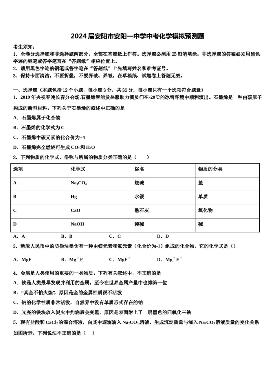 2024届安阳市安阳一中学中考化学模拟预测题含解析.doc_第1页