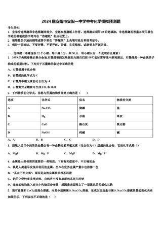 2024届安阳市安阳一中学中考化学模拟预测题含解析.doc