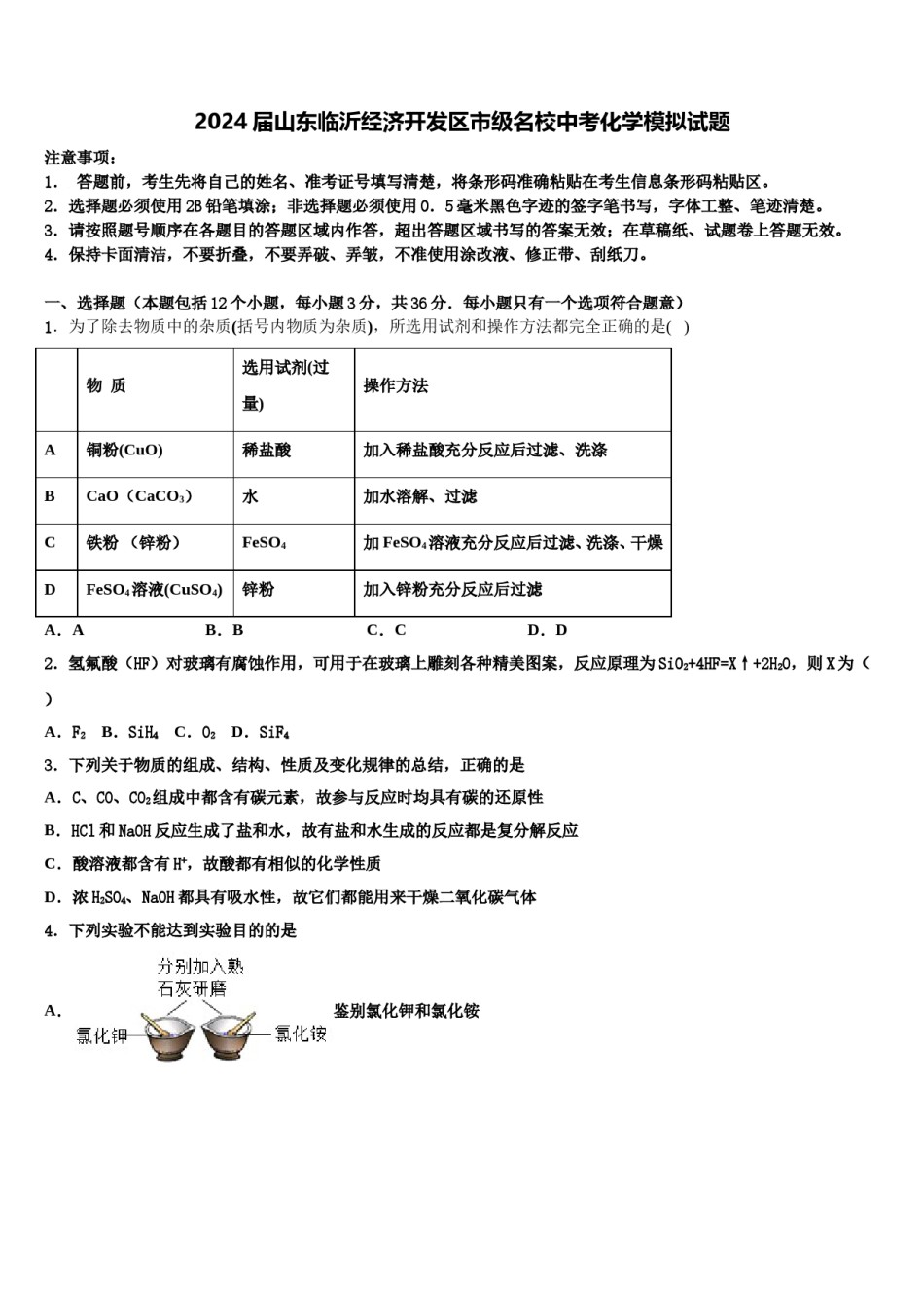 2024届山东临沂经济开发区市级名校中考化学模拟试题含解析.doc_第1页