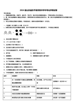2024届山东省东平县实验中学中考化学模试卷含解析.doc