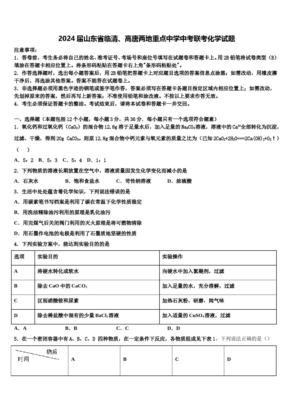 2024届山东省临清、高唐两地重点中学中考联考化学试题含解析.doc_第1页