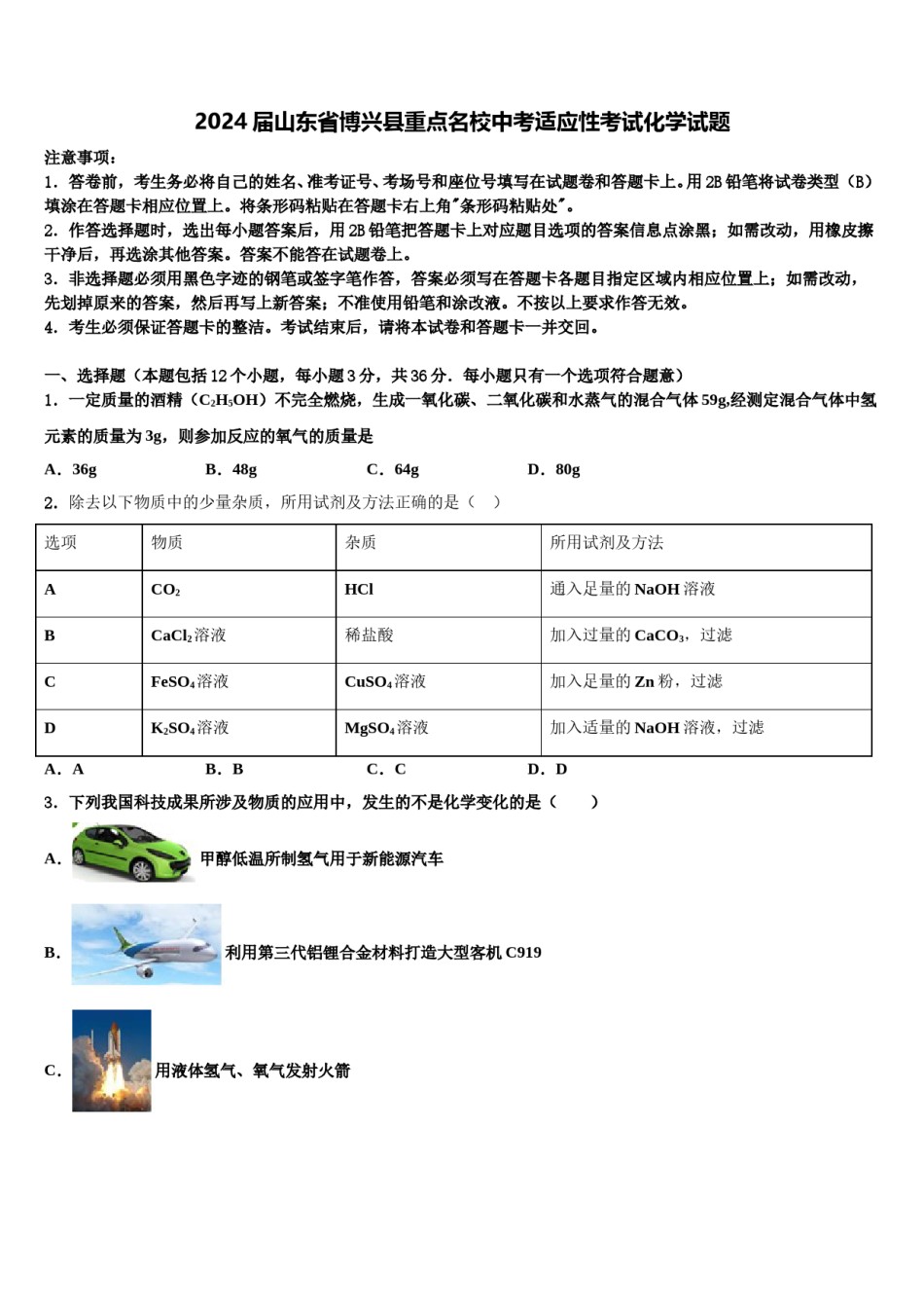 2024届山东省博兴县重点名校中考适应性考试化学试题含解析.doc_第1页