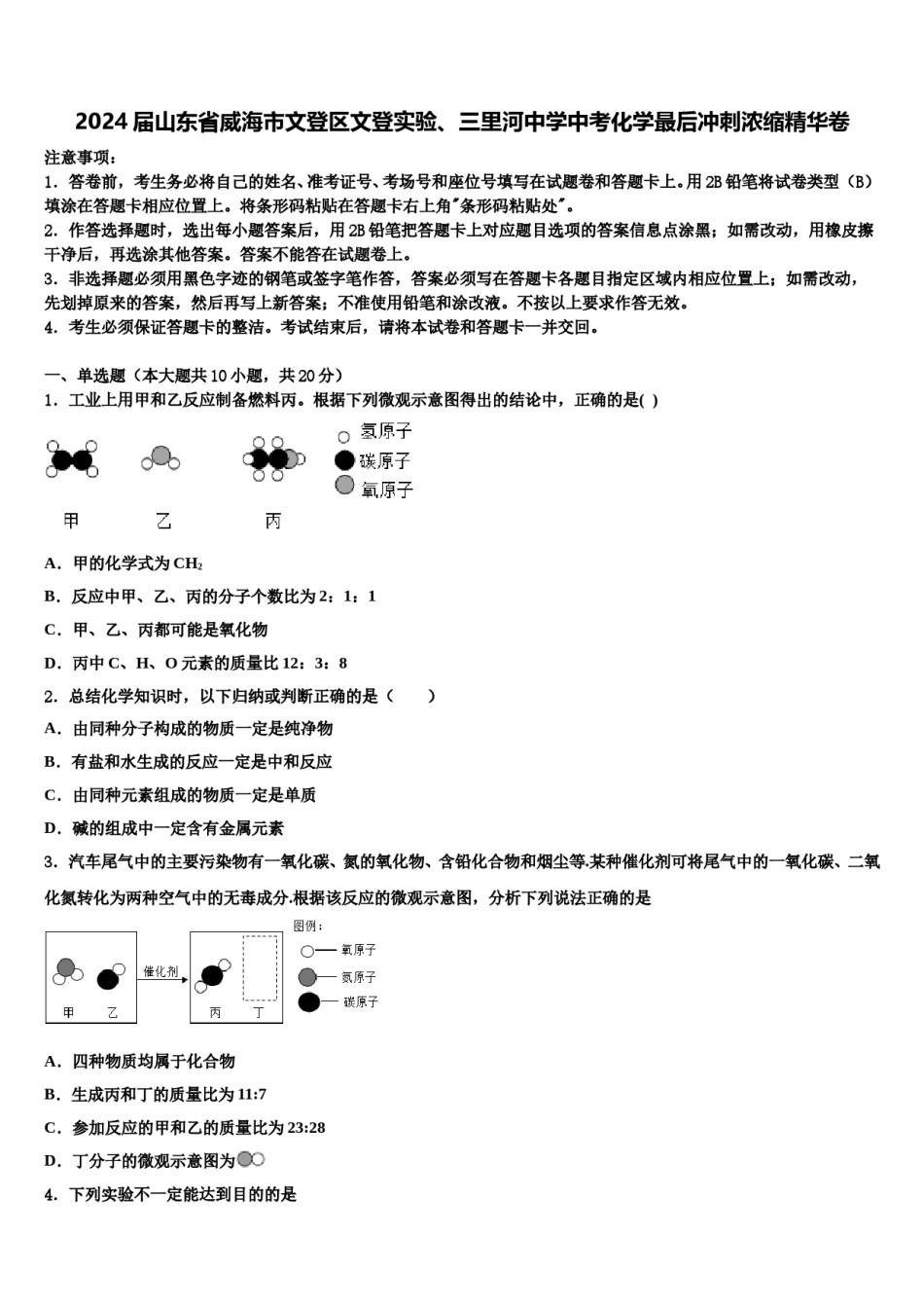 2024届山东省威海市文登区文登实验、三里河中学中考化学最后冲刺浓缩精华卷含解析.doc_第1页