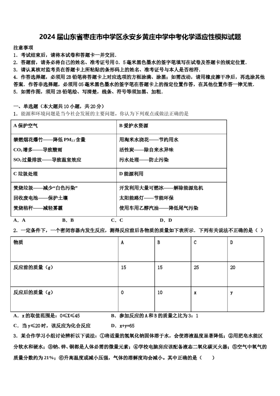 2024届山东省枣庄市中学区永安乡黄庄中学中考化学适应性模拟试题含解析.doc_第1页