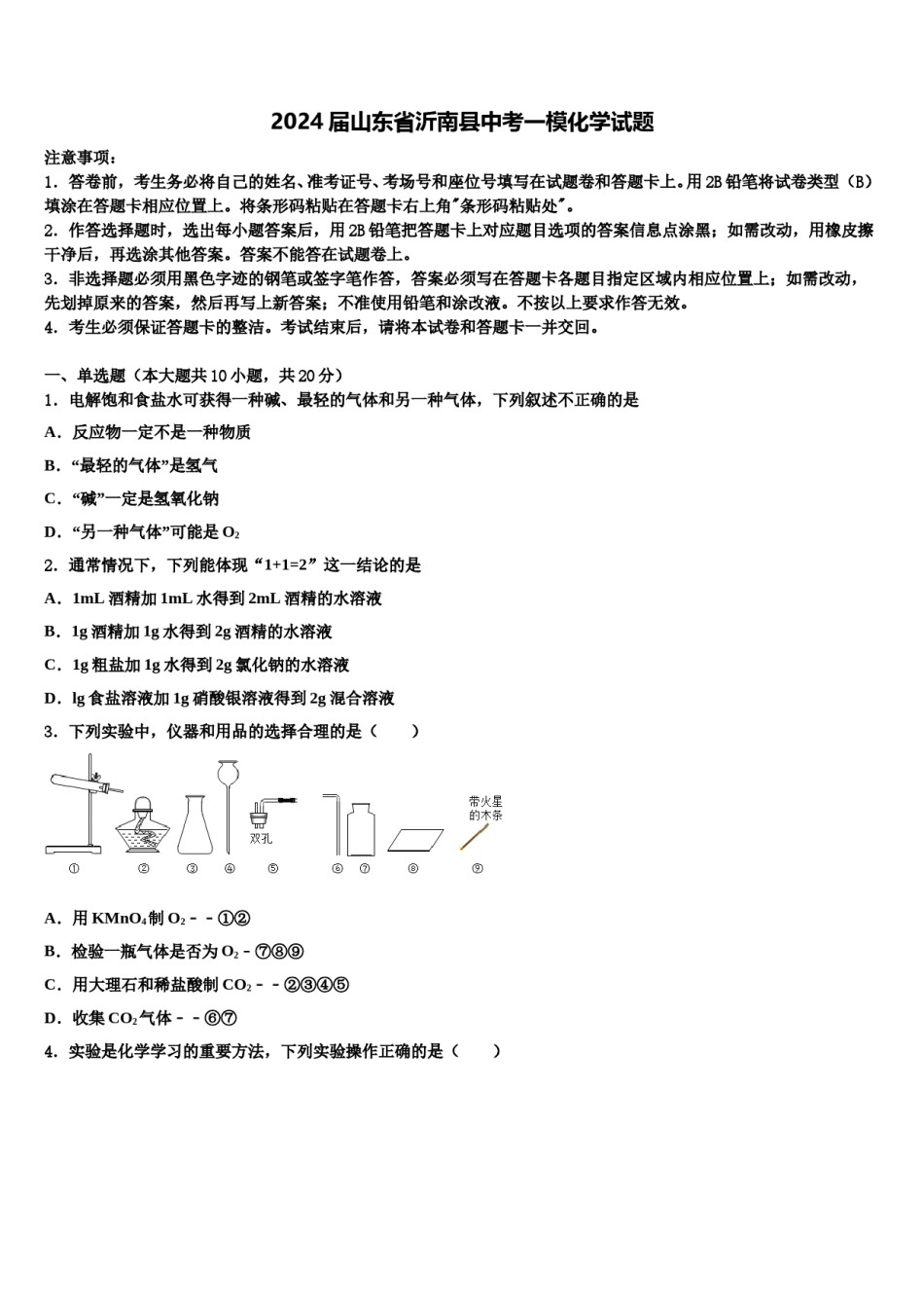 2024届山东省沂南县中考一模化学试题含解析.doc_第1页