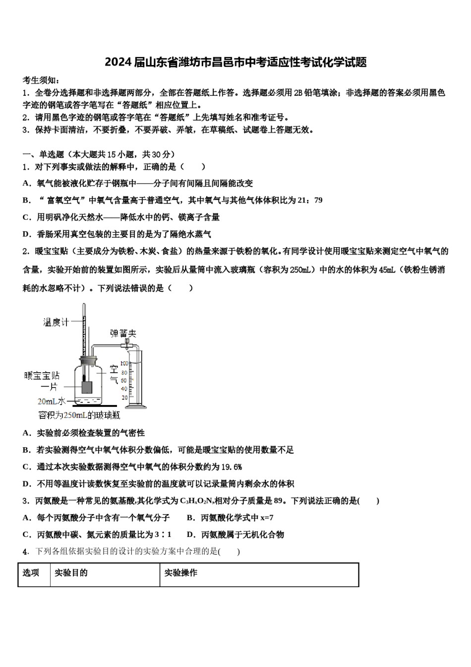 2024届山东省潍坊市昌邑市中考适应性考试化学试题含解析.doc_第1页