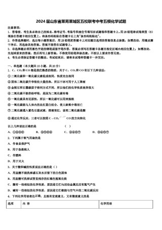 2024届山东省莱芜莱城区五校联考中考五模化学试题含解析.doc