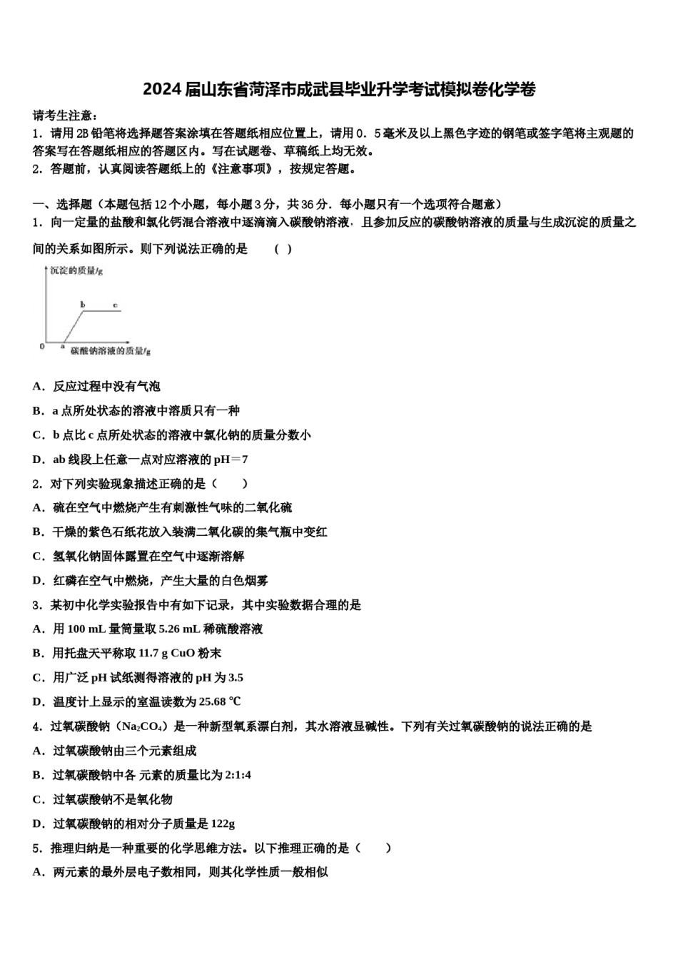 2024届山东省菏泽市成武县毕业升学考试模拟卷化学卷含解析.doc_第1页