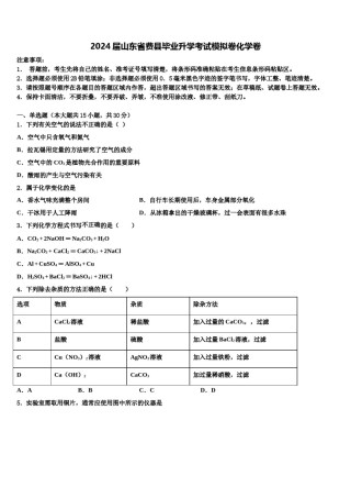 2024届山东省费县毕业升学考试模拟卷化学卷含解析.doc