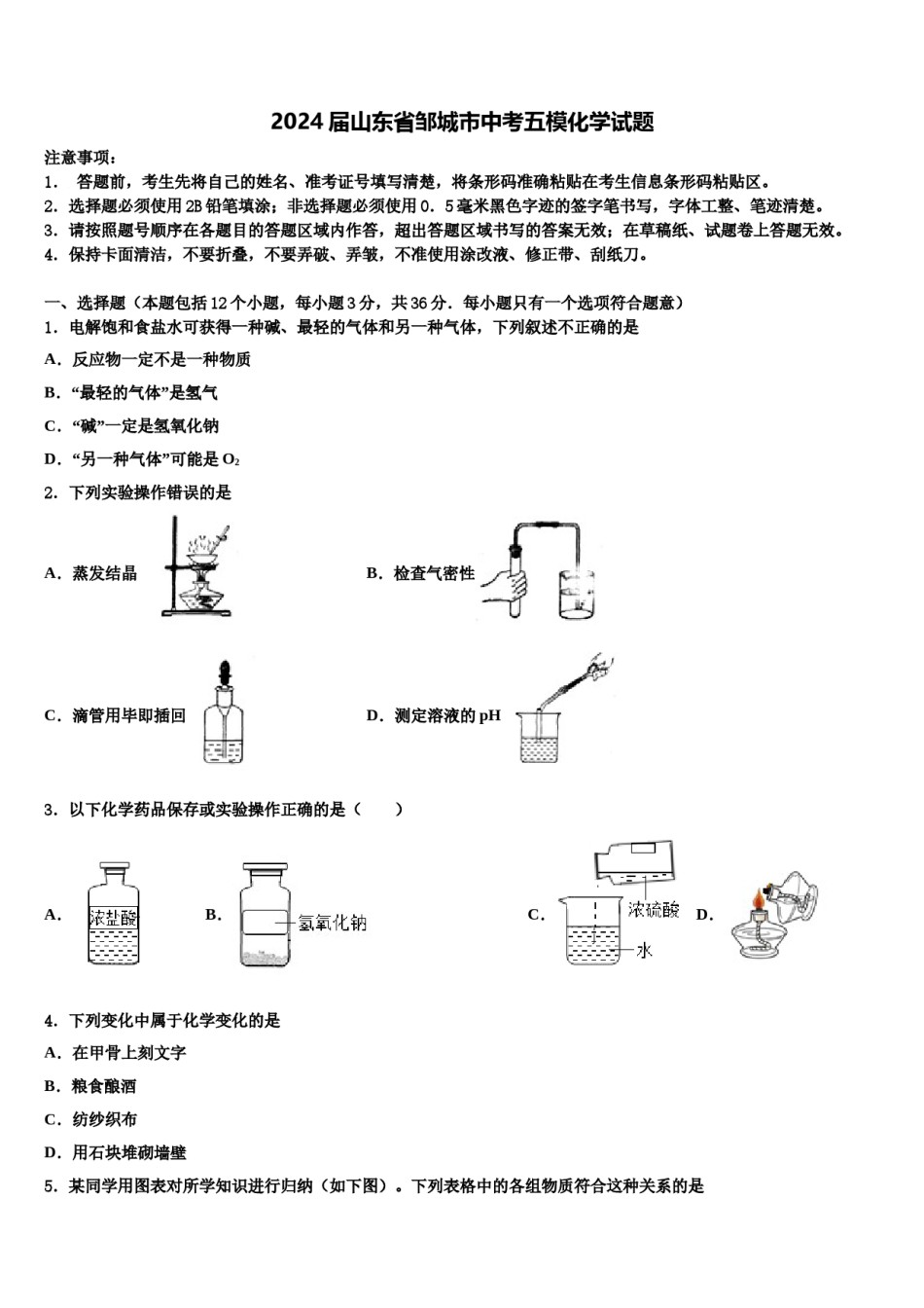 2024届山东省邹城市中考五模化学试题含解析.doc_第1页