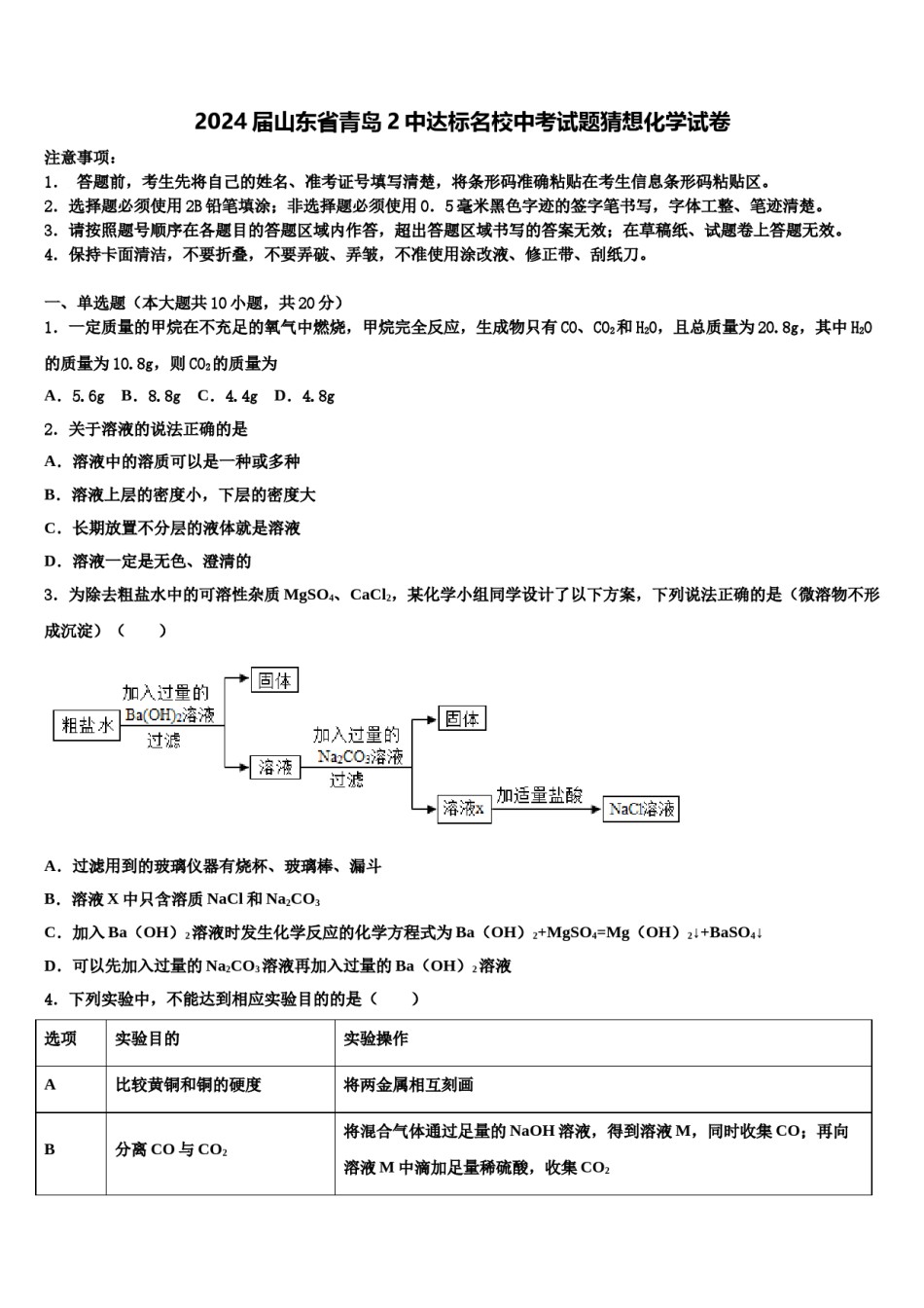 2024届山东省青岛2中达标名校中考试题猜想化学试卷含解析.doc_第1页