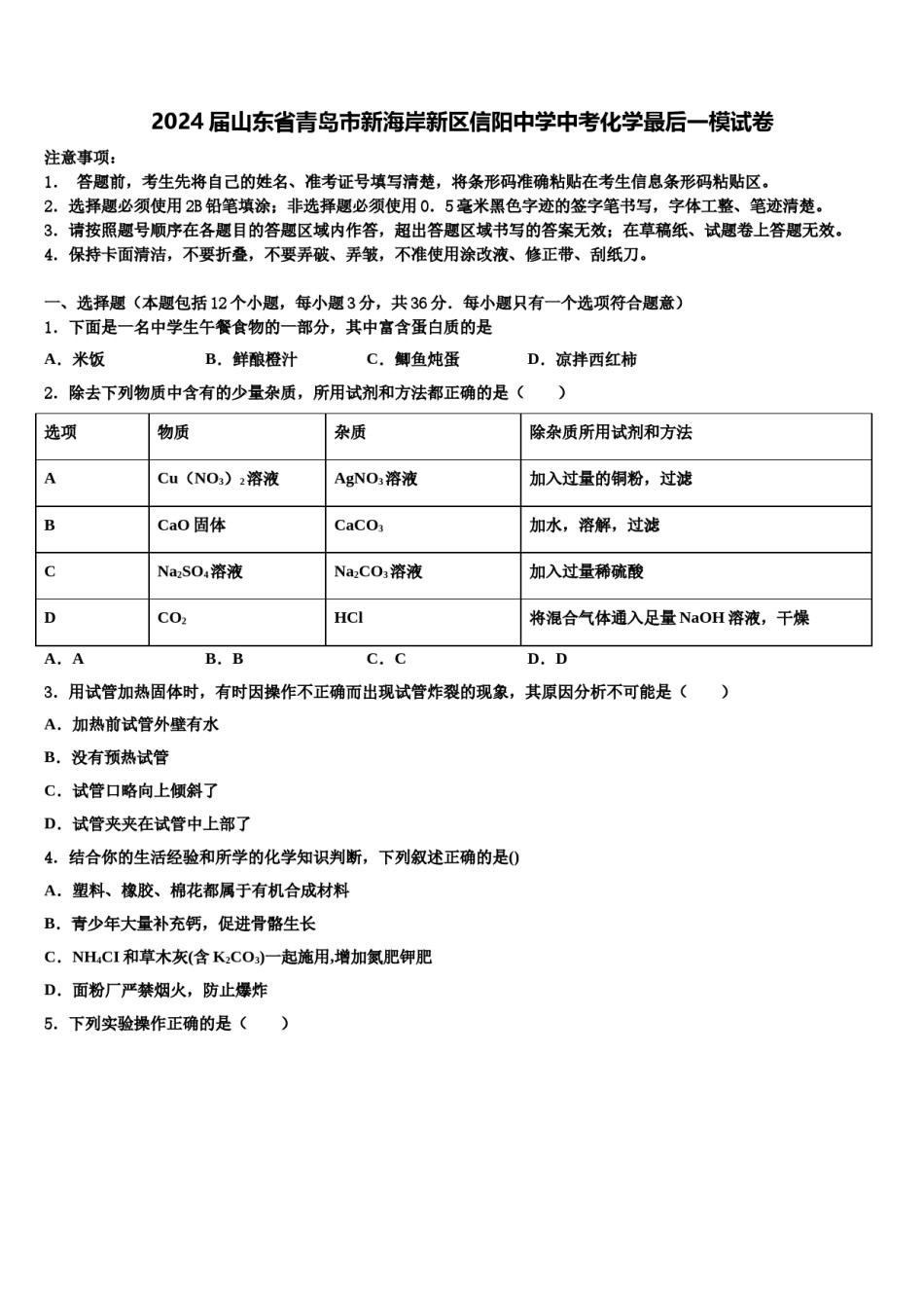 2024届山东省青岛市新海岸新区信阳中学中考化学最后一模试卷含解析.doc_第1页