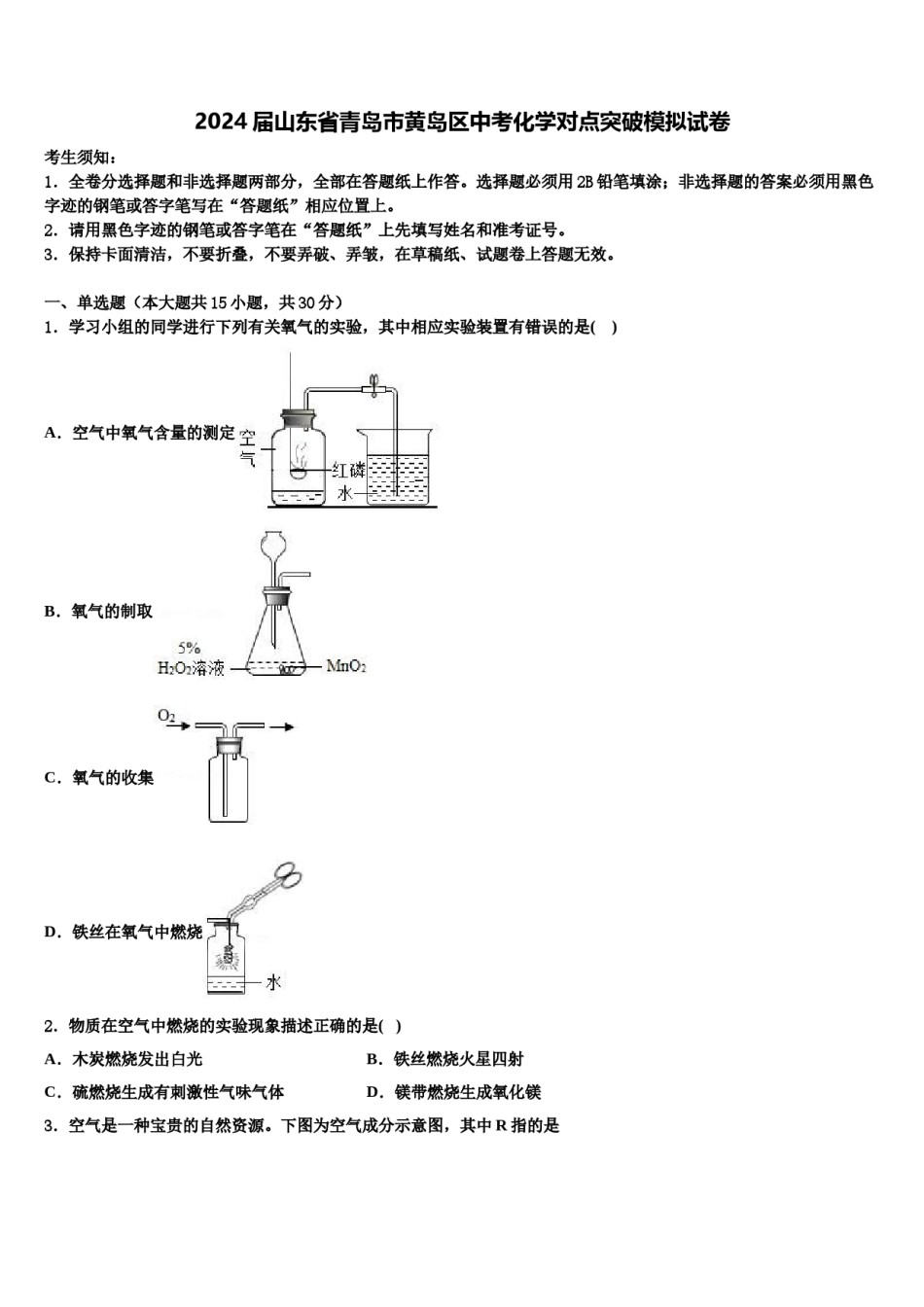 2024届山东省青岛市黄岛区中考化学对点突破模拟试卷含解析.doc_第1页