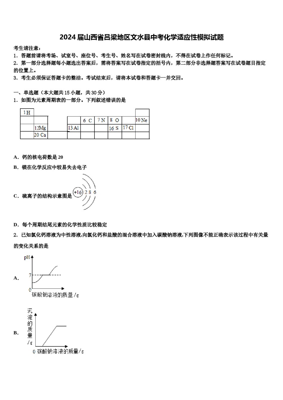 2024届山西省吕梁地区文水县中考化学适应性模拟试题含解析.doc_第1页