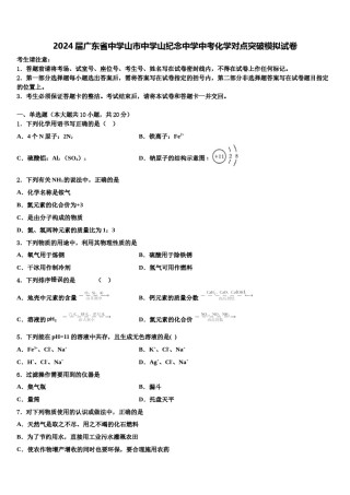 2024届广东省中学山市中学山纪念中学中考化学对点突破模拟试卷含解析.doc