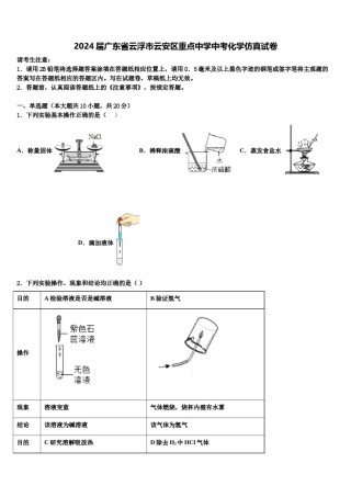 2024届广东省云浮市云安区重点中学中考化学仿真试卷含解析.doc