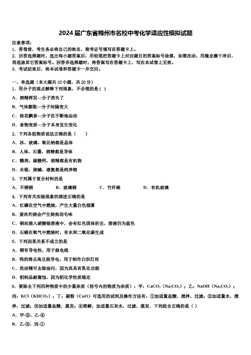 2024届广东省梅州市名校中考化学适应性模拟试题含解析.doc_第1页