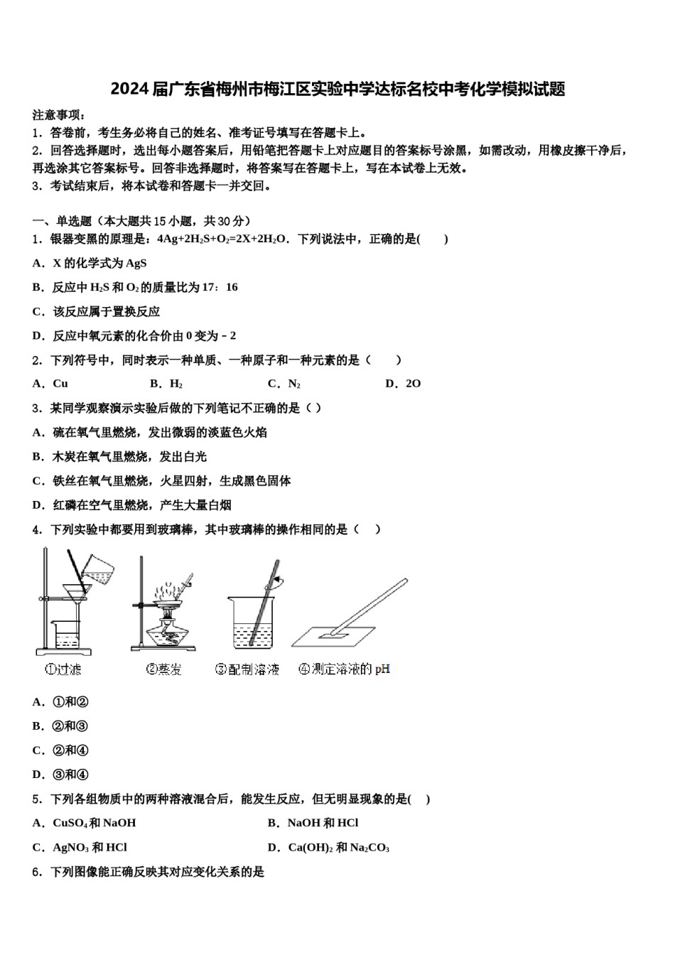 2024届广东省梅州市梅江区实验中学达标名校中考化学模拟试题含解析.doc_第1页