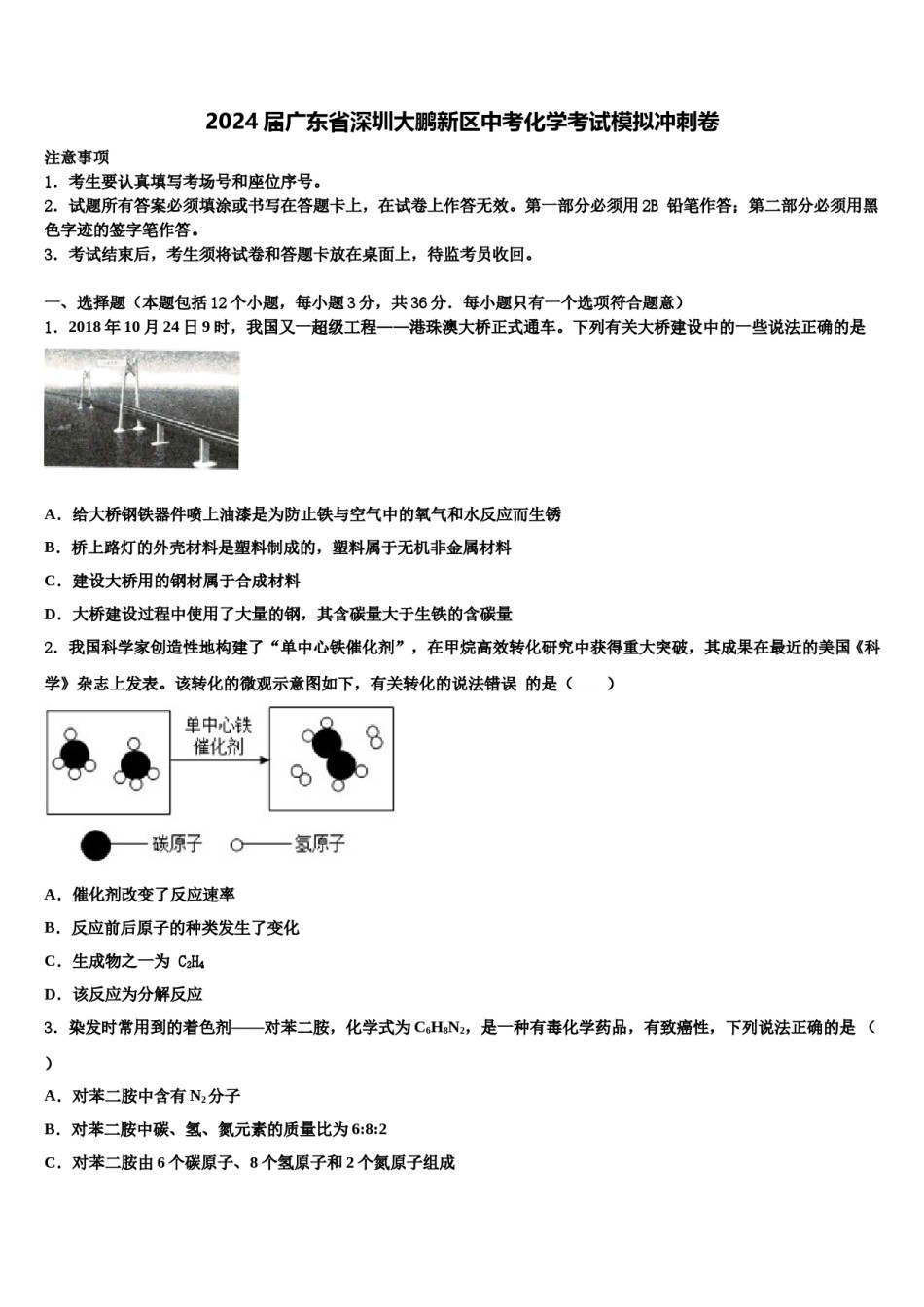 2024届广东省深圳大鹏新区中考化学考试模拟冲刺卷含解析.doc_第1页