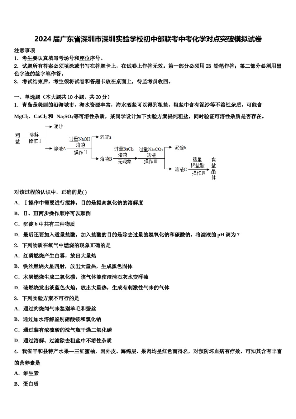 2024届广东省深圳市深圳实验学校初中部联考中考化学对点突破模拟试卷含解析.doc_第1页