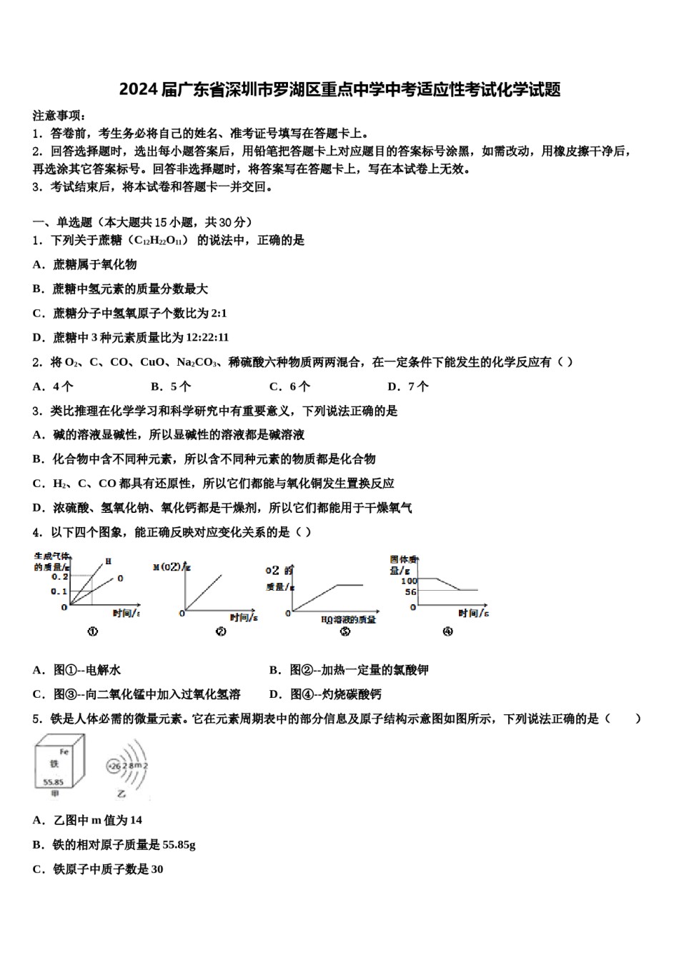 2024届广东省深圳市罗湖区重点中学中考适应性考试化学试题含解析.doc_第1页