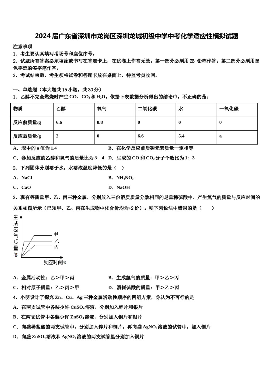 2024届广东省深圳市龙岗区深圳龙城初级中学中考化学适应性模拟试题含解析.doc_第1页