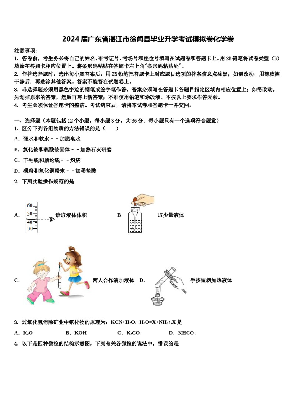 2024届广东省湛江市徐闻县毕业升学考试模拟卷化学卷含解析.doc_第1页