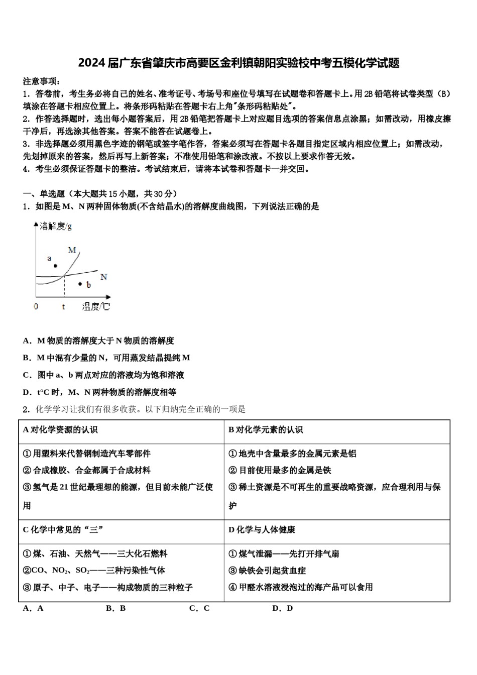 2024届广东省肇庆市高要区金利镇朝阳实验校中考五模化学试题含解析.doc_第1页