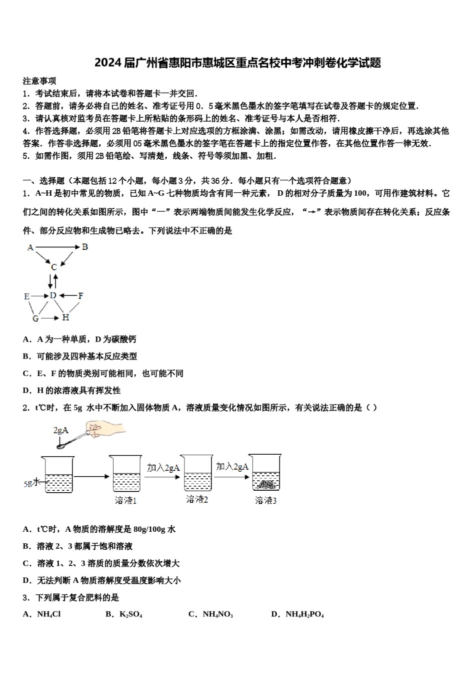 2024届广州省惠阳市惠城区重点名校中考冲刺卷化学试题含解析.doc_第1页