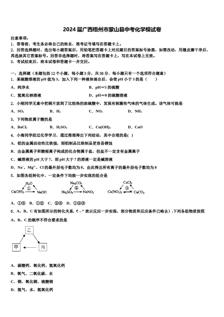 2024届广西梧州市蒙山县中考化学模试卷含解析.doc_第1页