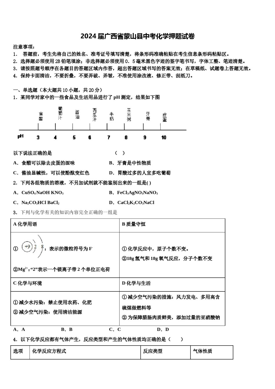 2024届广西省蒙山县中考化学押题试卷含解析.doc_第1页