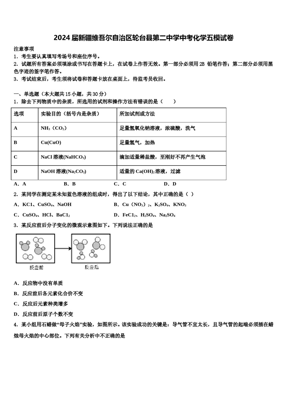 2024届新疆维吾尔自治区轮台县第二中学中考化学五模试卷含解析.doc_第1页