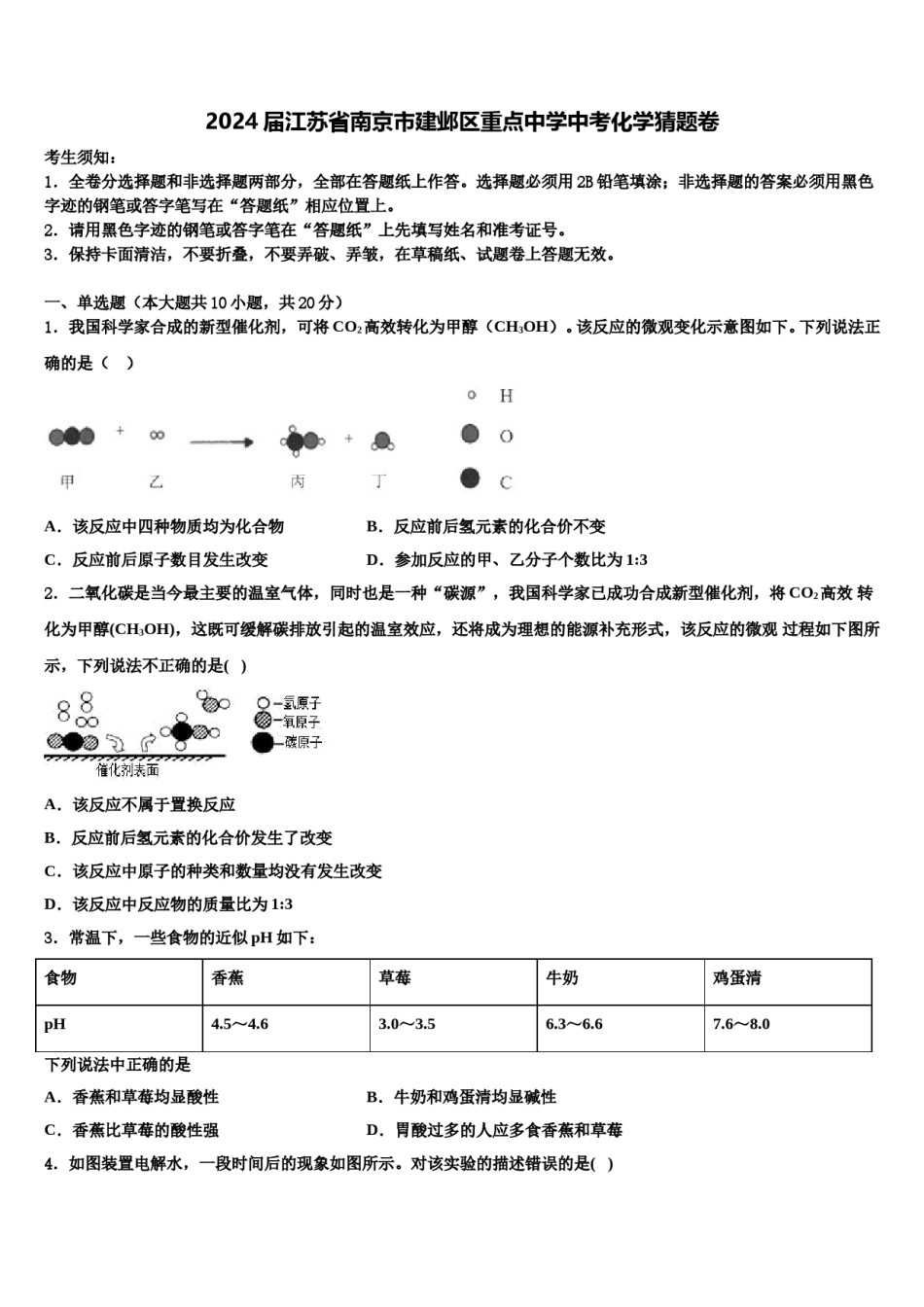 2024届江苏省南京市建邺区重点中学中考化学猜题卷含解析.doc_第1页