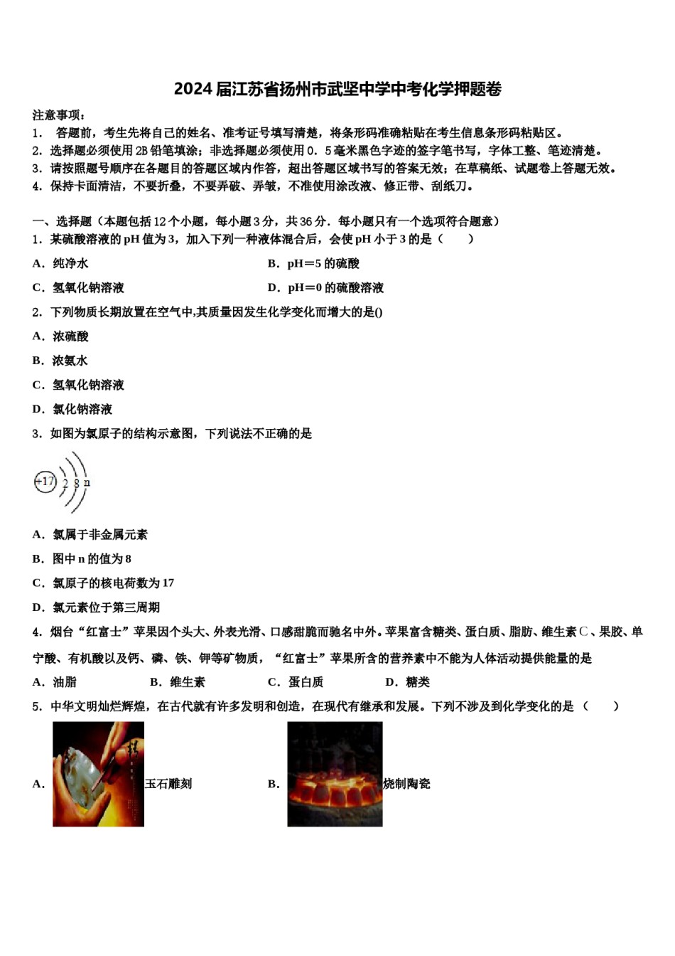 2024届江苏省扬州市武坚中学中考化学押题卷含解析.doc_第1页