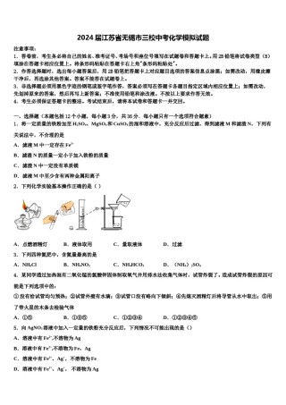 2024届江苏省无锡市三校中考化学模拟试题含解析.doc