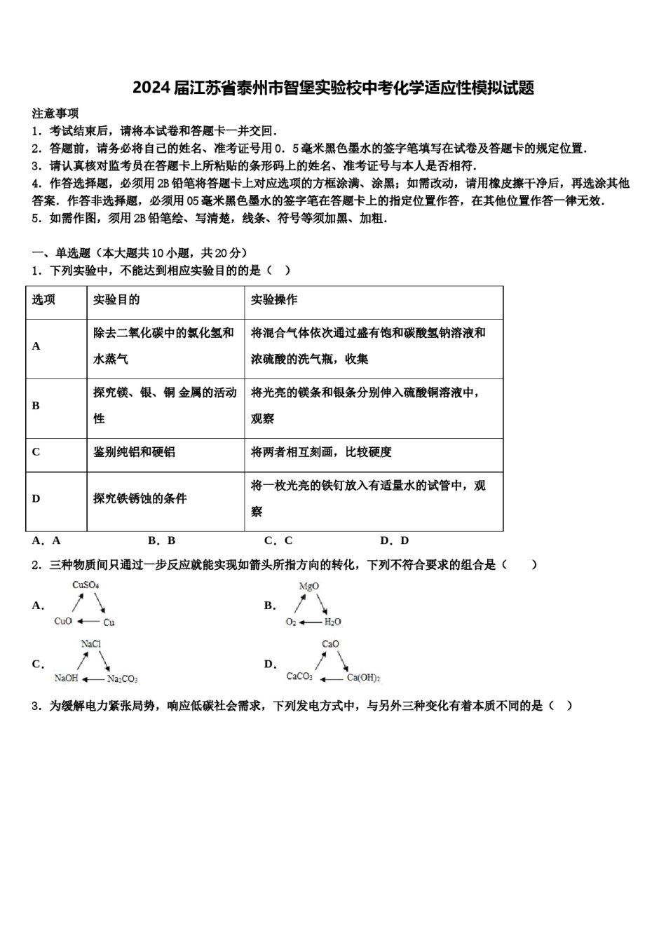 2024届江苏省泰州市智堡实验校中考化学适应性模拟试题含解析.doc_第1页