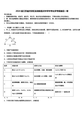 2024届江苏省洪泽区金湖县重点中学中考化学考前最后一卷含解析.doc