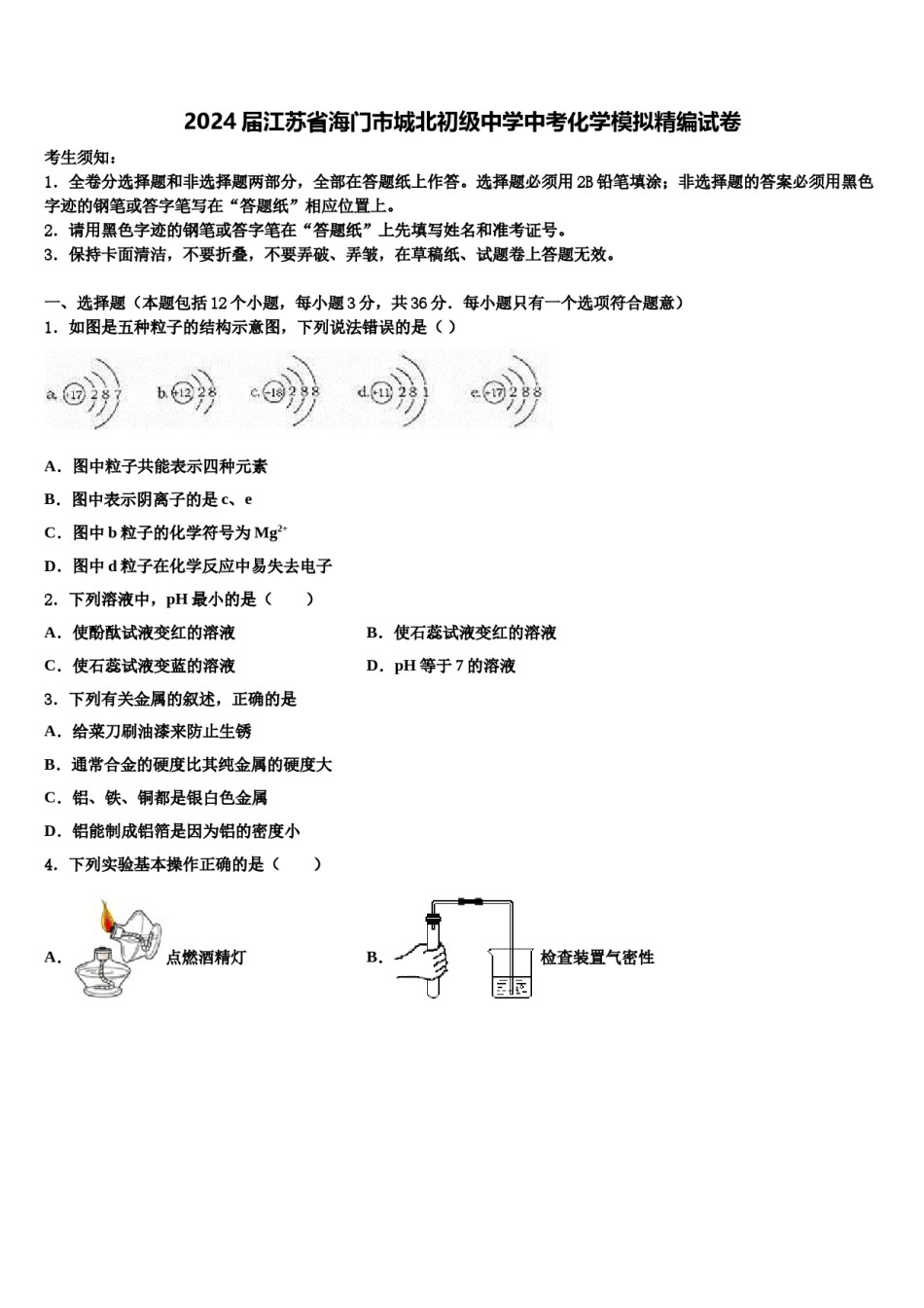 2024届江苏省海门市城北初级中学中考化学模拟精编试卷含解析.doc_第1页