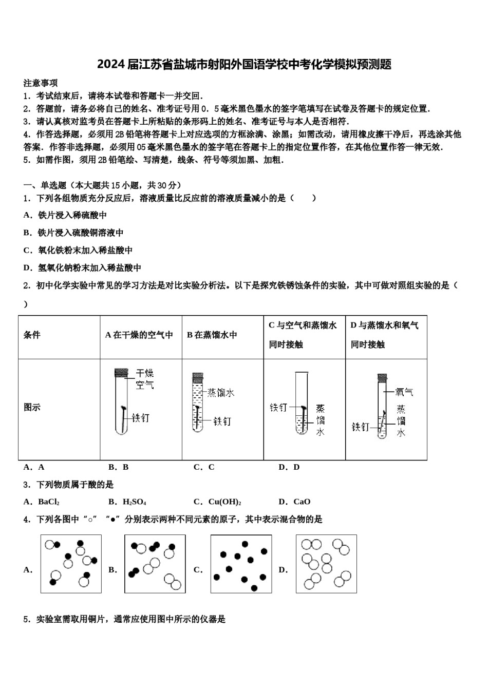 2024届江苏省盐城市射阳外国语学校中考化学模拟预测题含解析.doc_第1页