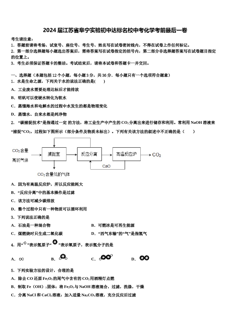 2024届江苏省阜宁实验初中达标名校中考化学考前最后一卷含解析.doc_第1页