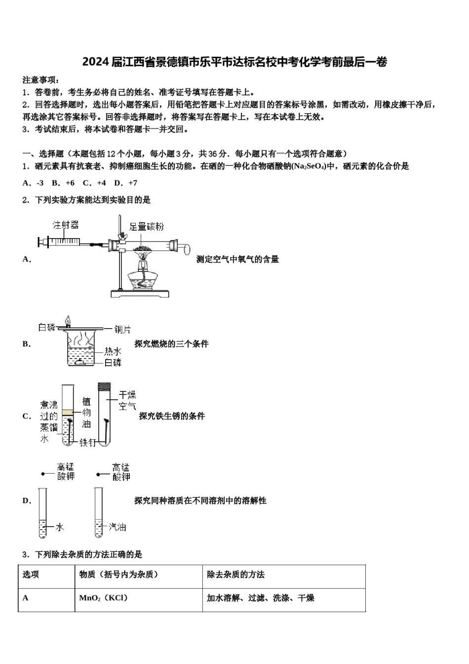 2024届江西省景德镇市乐平市达标名校中考化学考前最后一卷含解析.doc_第1页