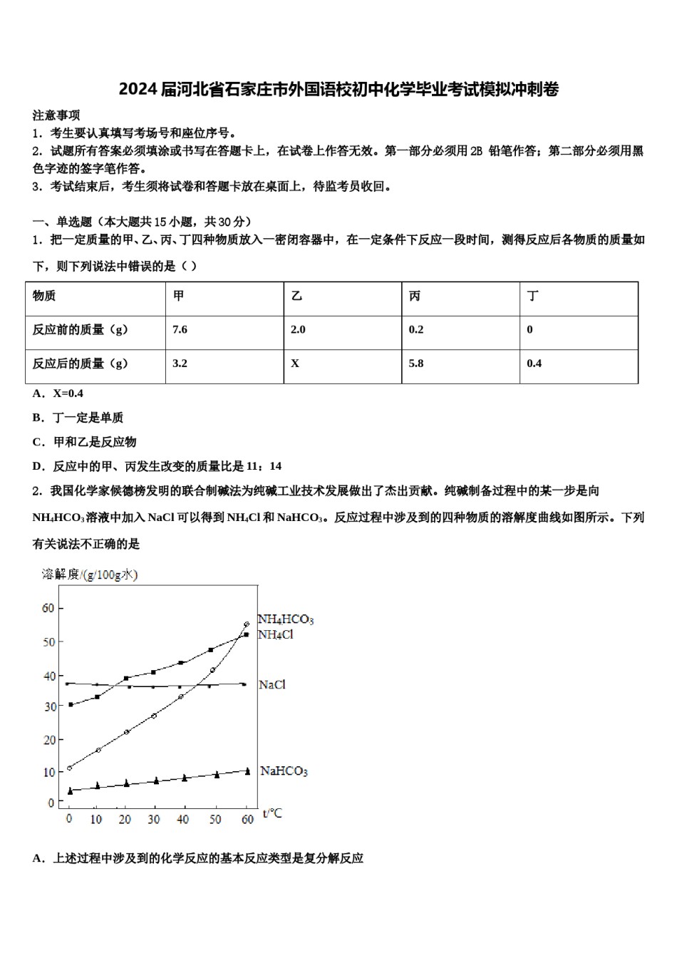 2024届河北省石家庄市外国语校初中化学毕业考试模拟冲刺卷含解析.doc_第1页