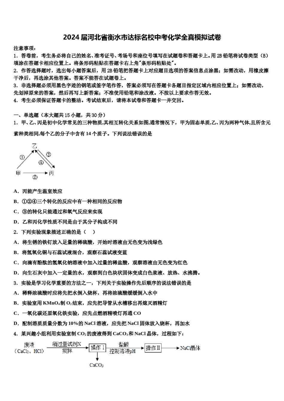 2024届河北省衡水市达标名校中考化学全真模拟试卷含解析.doc_第1页